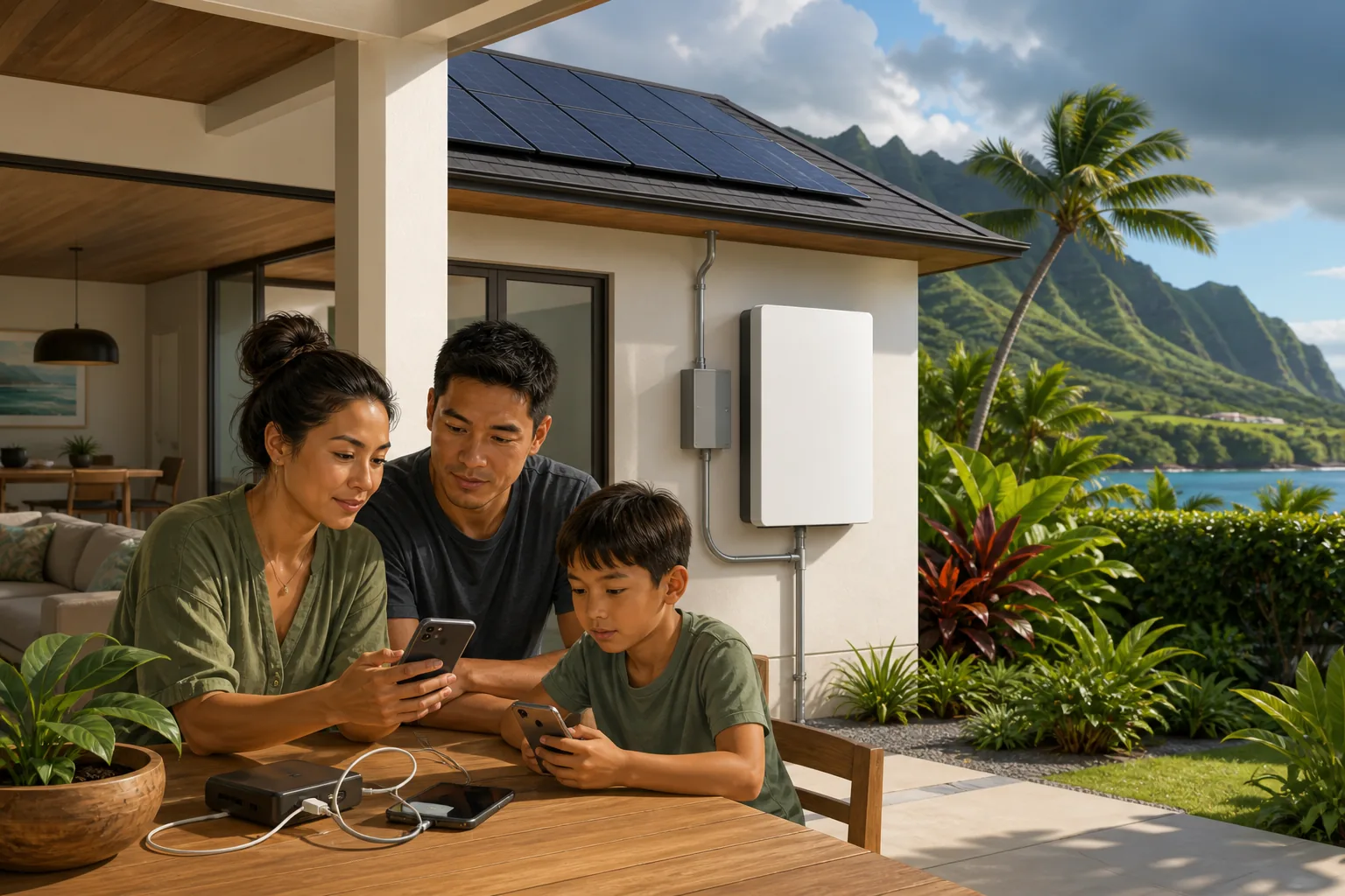 A Hawaii family checks an energy app and charges mobile devices before a possible outage.
