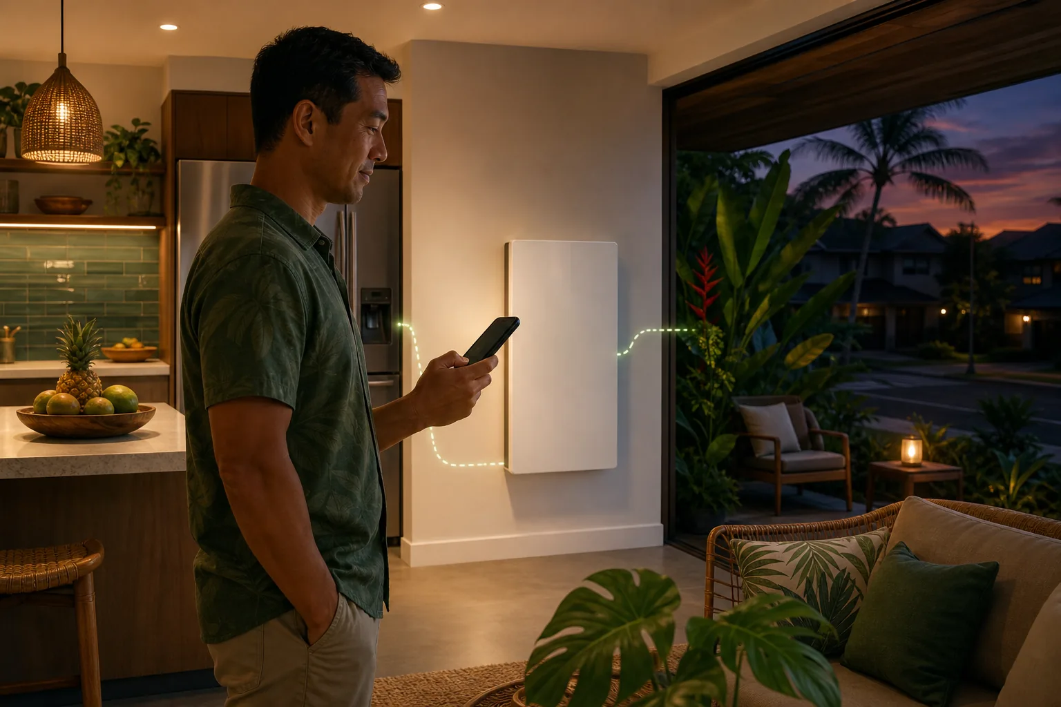 A Hawaii homeowner checks home backup status at dusk while essential appliances remain powered.