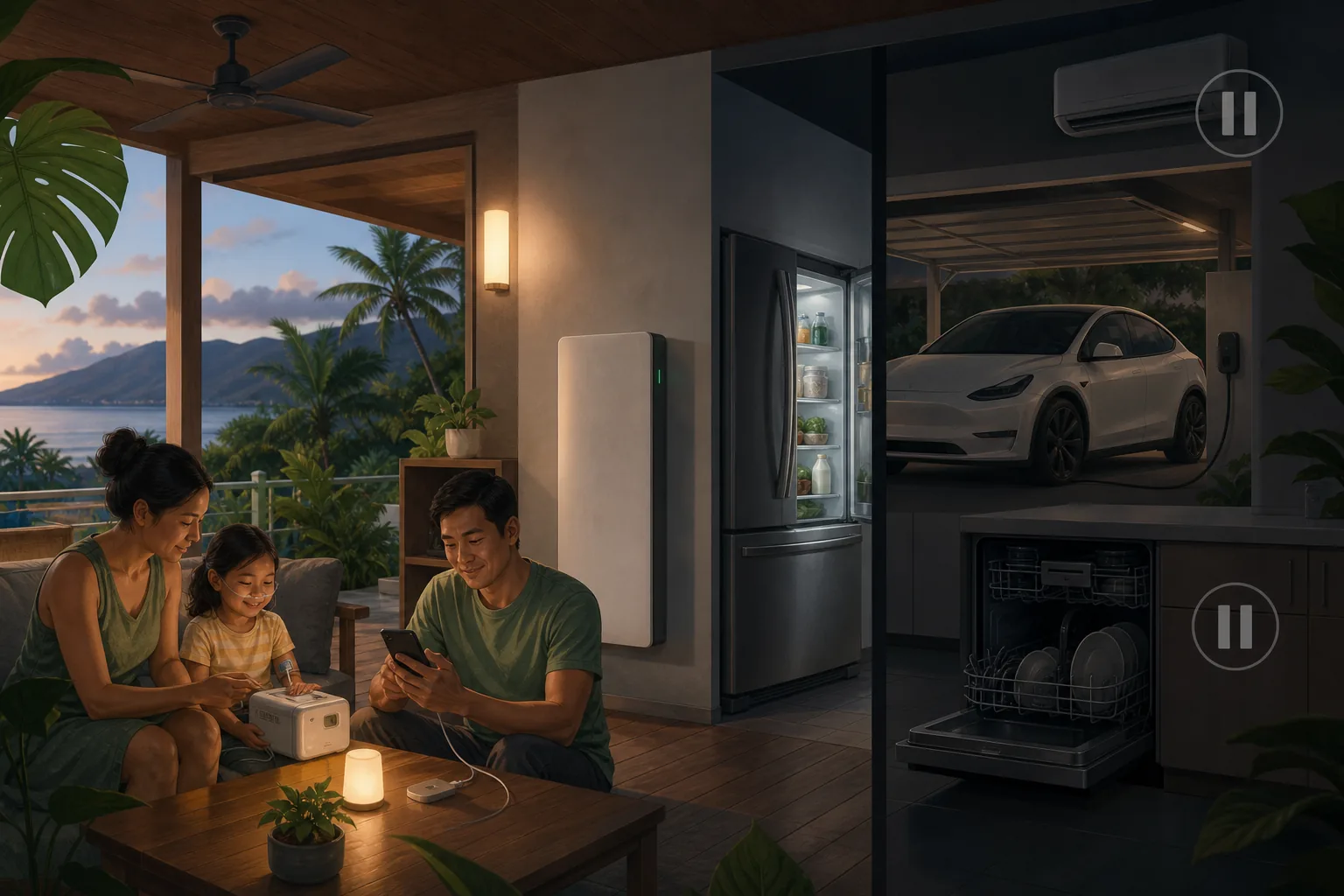 A Hawaii family keeps essential devices powered while air conditioning, EV charging, and dishwasher use are paused.