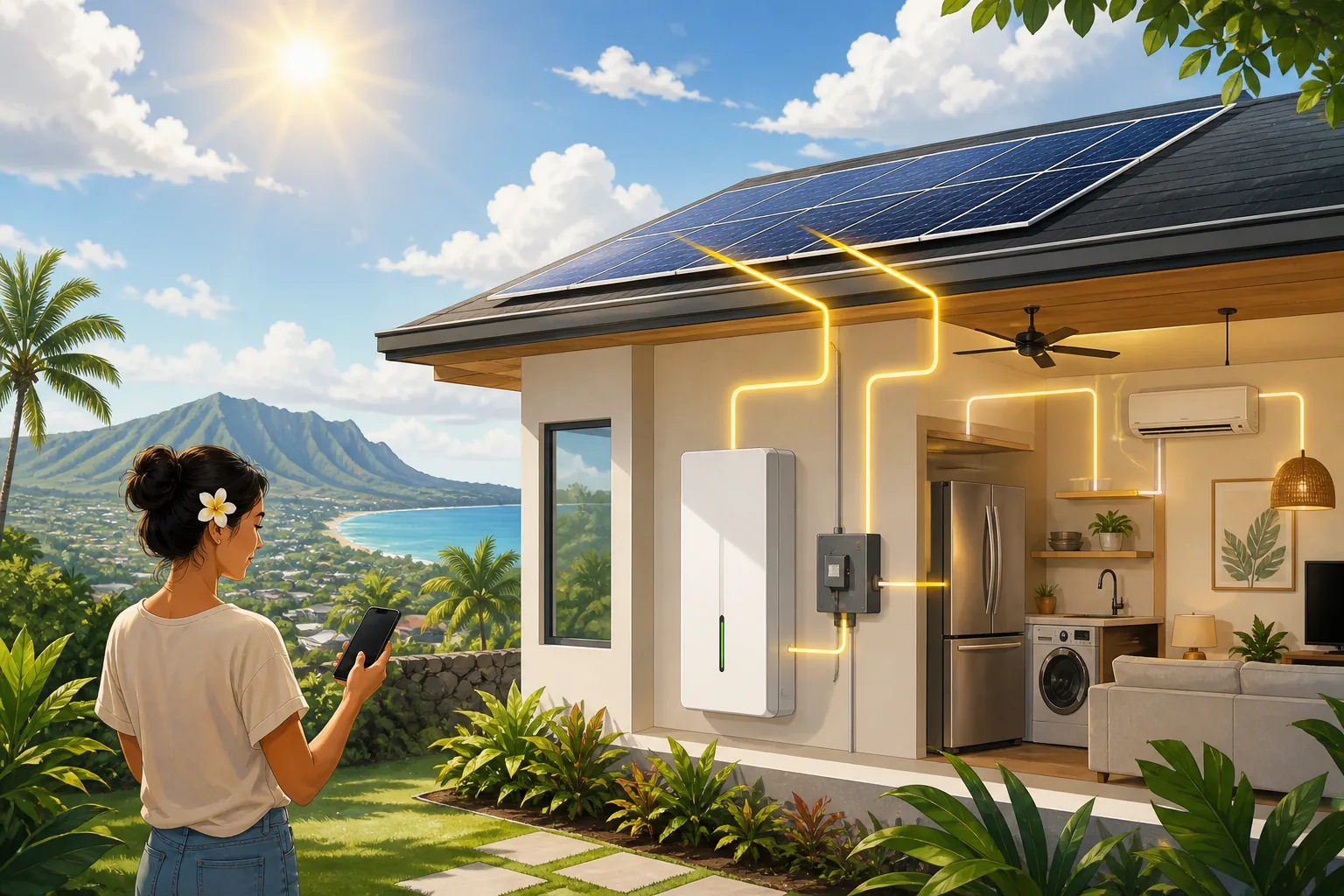 Rooftop solar charges a home battery while a Hawaii homeowner monitors energy during daylight.