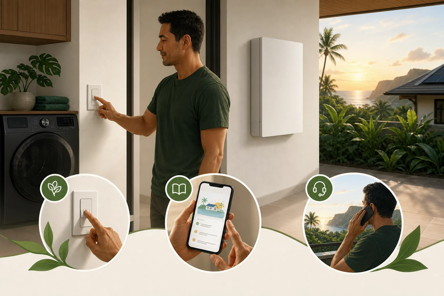 A Hawaii homeowner reduces a large load, checks official guidance, and contacts qualified support while the home battery remains closed.